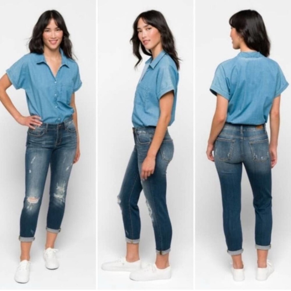 Judy Blue Relaxed Fit Boyfriend Jeans Medium Wash Stretch Distressed Women's 30